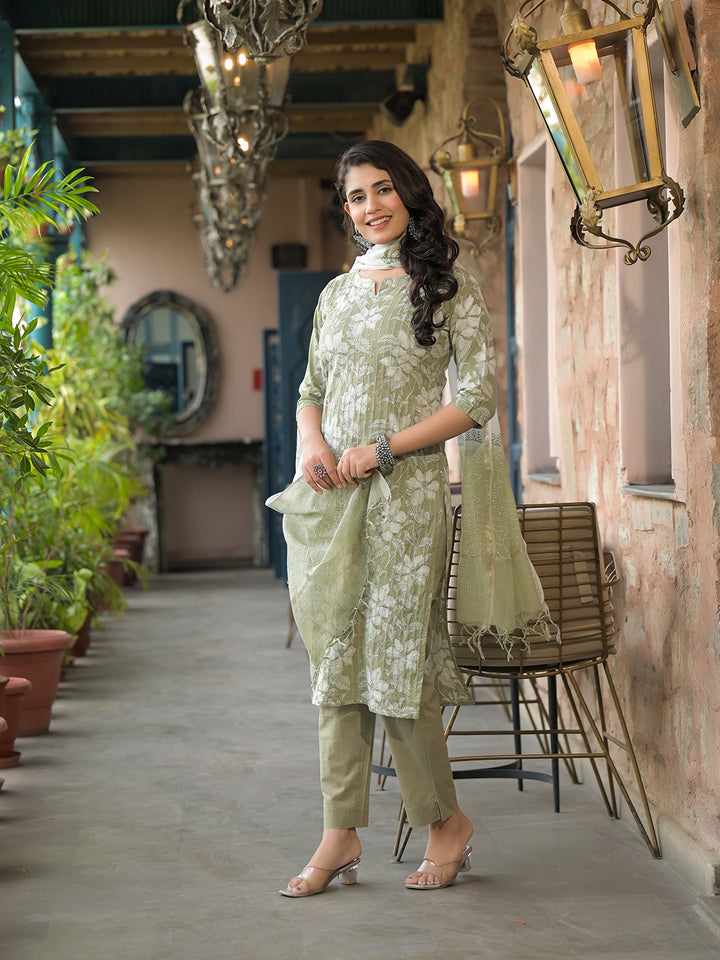 Divena Olive Green Cotton Kurta Pant with Dupatta