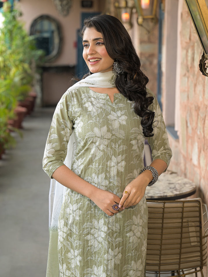 Divena Olive Green Cotton Kurta Pant with Dupatta