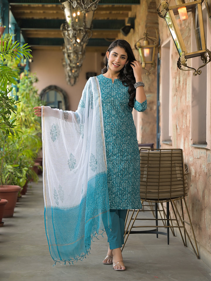 Divena Teal Blue Cotton Kurta Pant with Dupatta