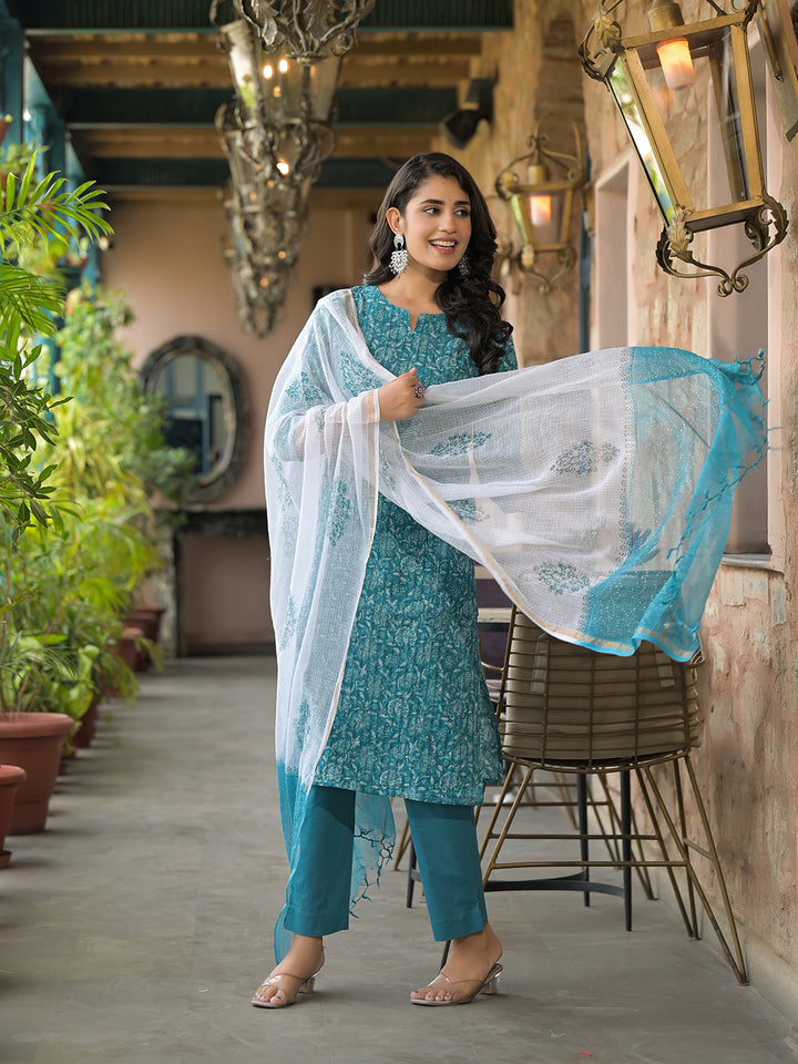 Divena Teal Blue Cotton Kurta Pant with Dupatta
