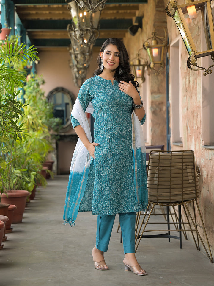 Divena Teal Blue Cotton Kurta Pant with Dupatta