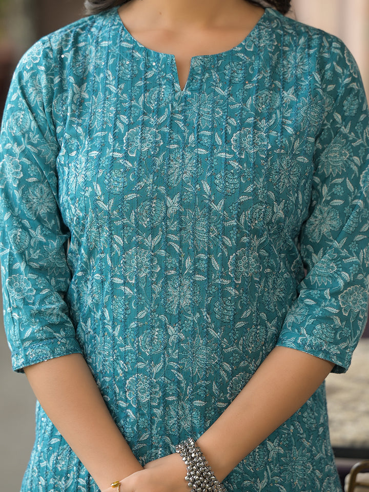 Divena Teal Blue Cotton Kurta Pant with Dupatta