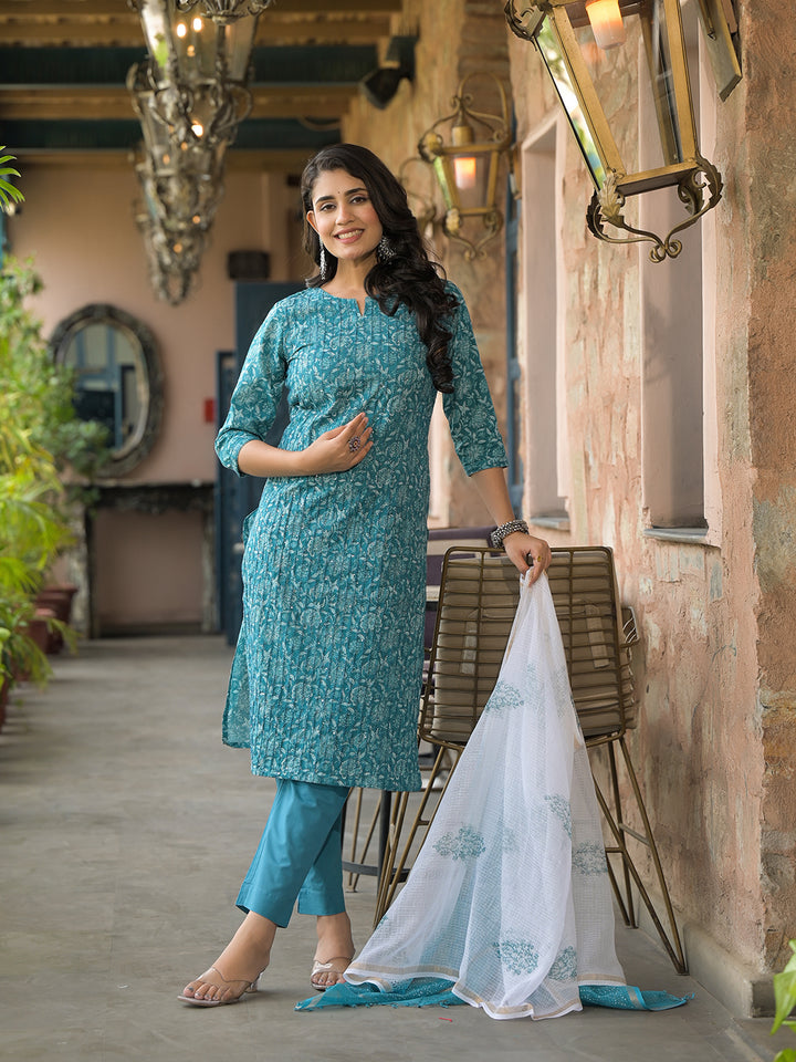 Divena Teal Blue Cotton Kurta Pant with Dupatta