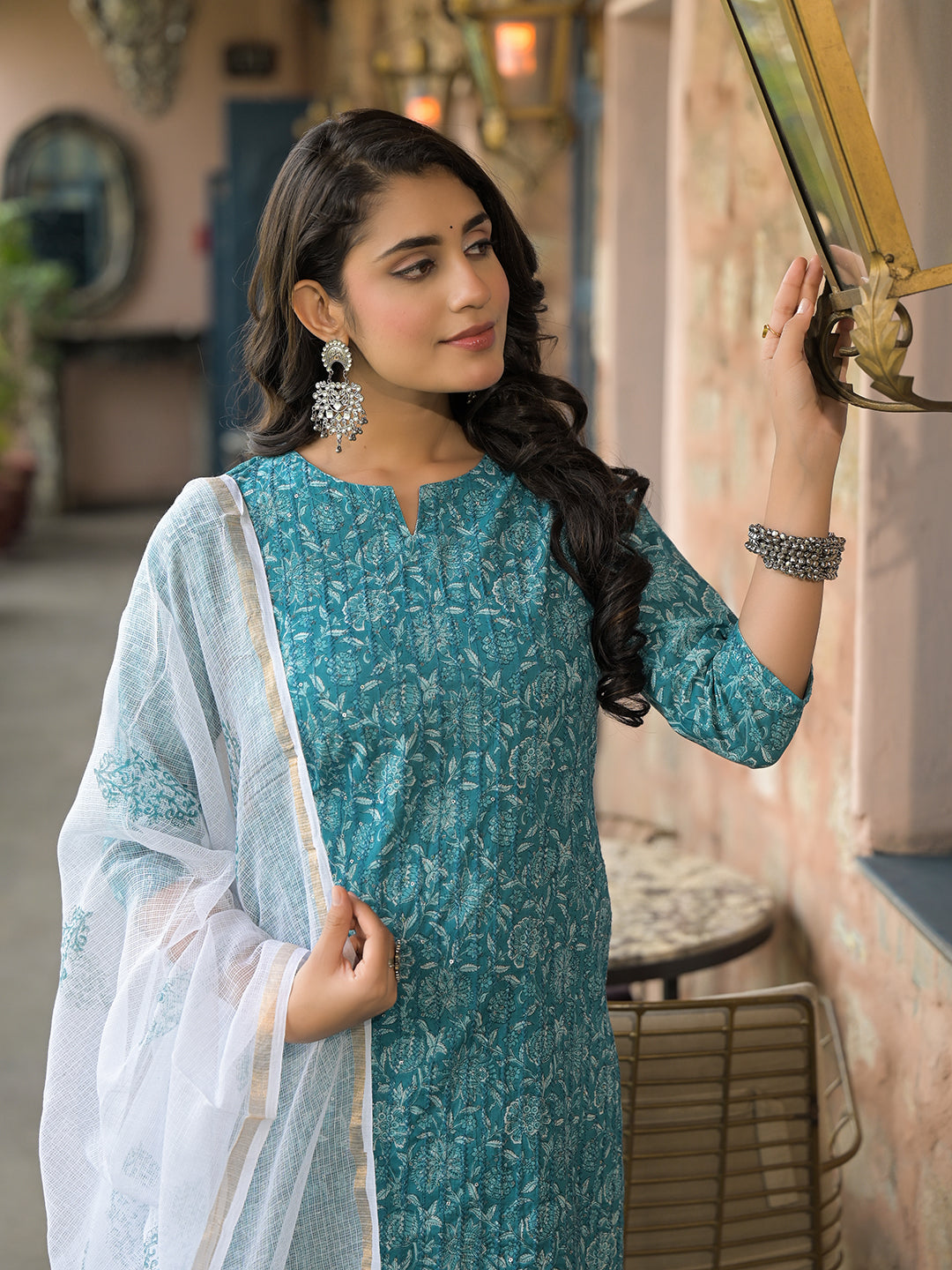Divena Teal Blue Cotton Kurta Pant with Dupatta