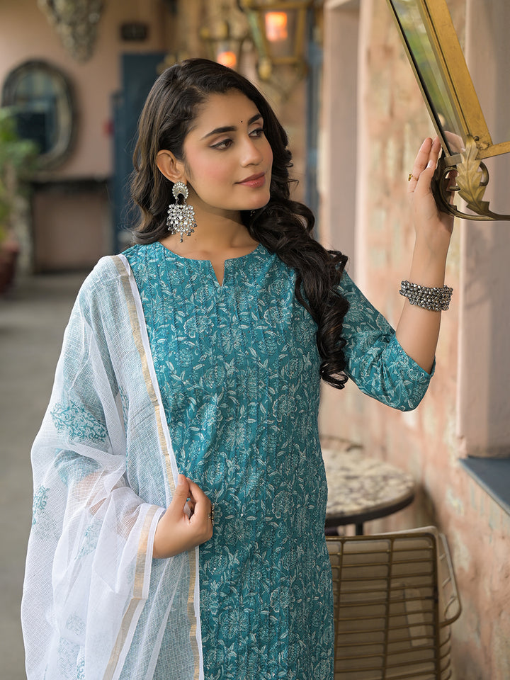 Divena Teal Blue Cotton Kurta Pant with Dupatta