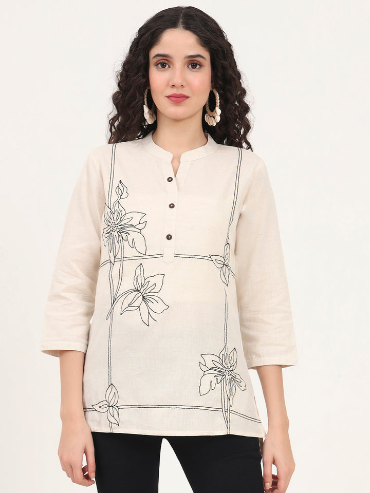 Divena Offwhite Embroidery Cotton Fabric Straight Top