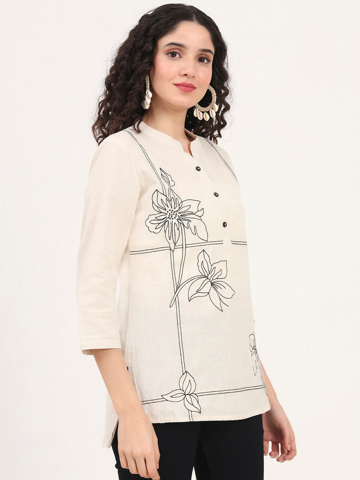 Divena Offwhite Embroidery Cotton Fabric Straight Top
