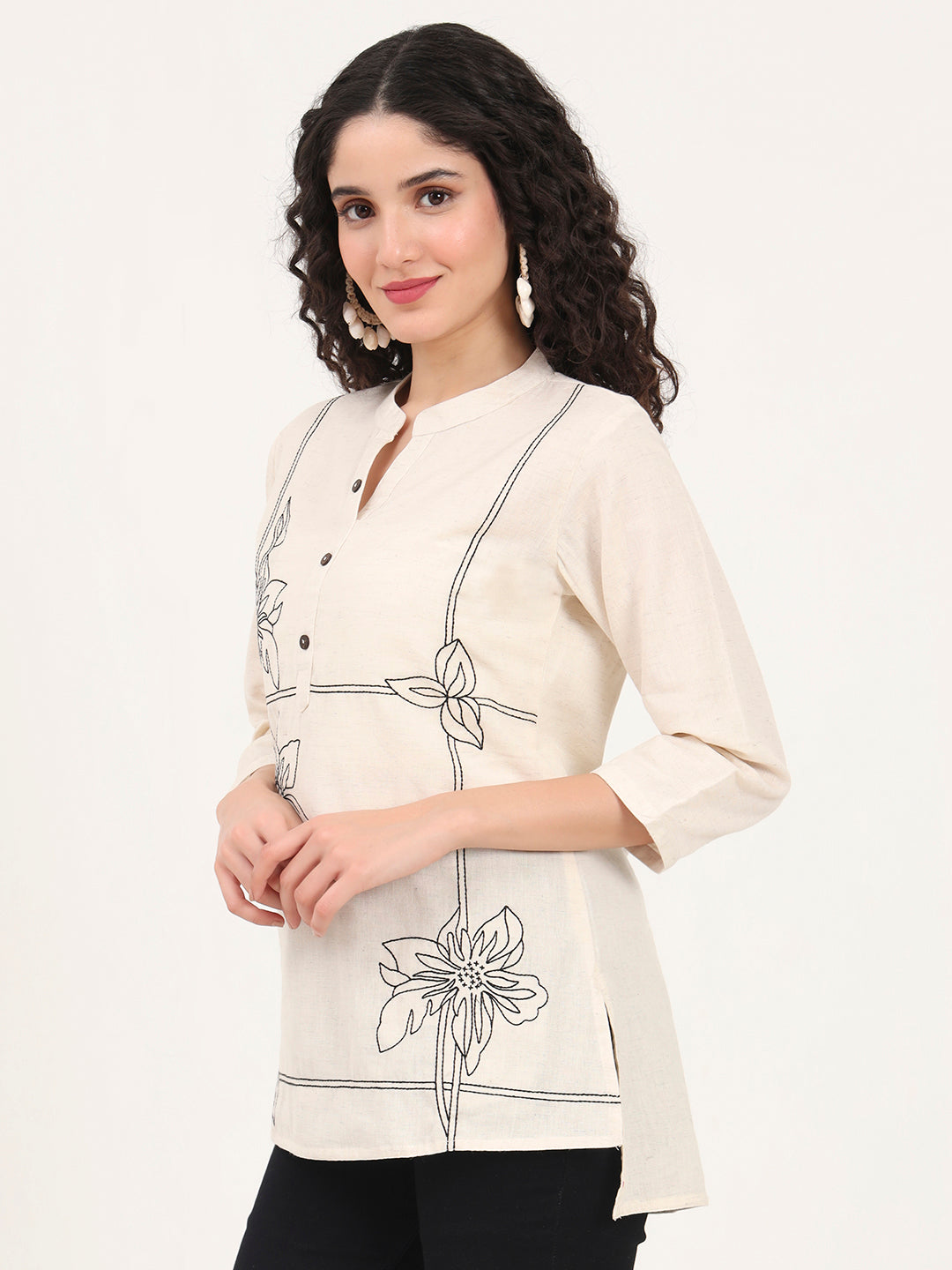 Divena Offwhite Embroidery Cotton Fabric Straight Top