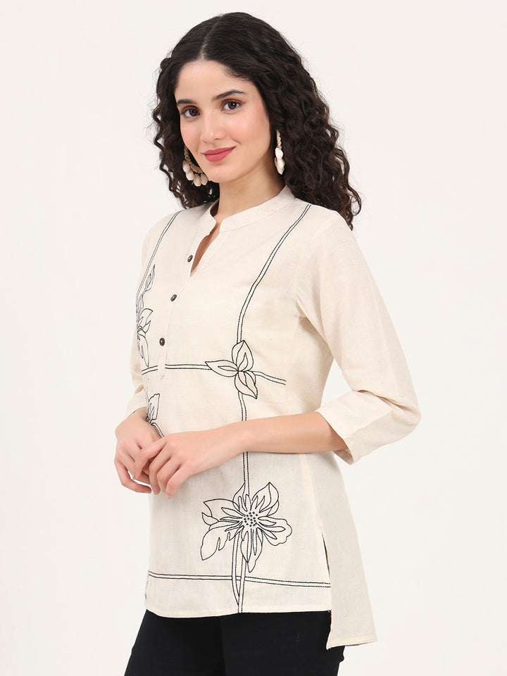Divena Offwhite Embroidery Cotton Fabric Straight Top