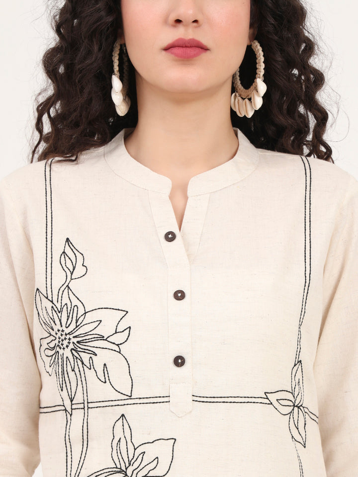 Divena Offwhite Embroidery Cotton Fabric Straight Top
