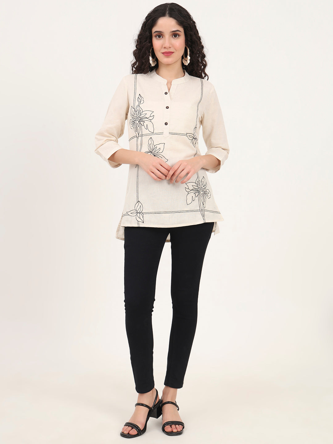 Divena Offwhite Embroidery Cotton Fabric Straight Top