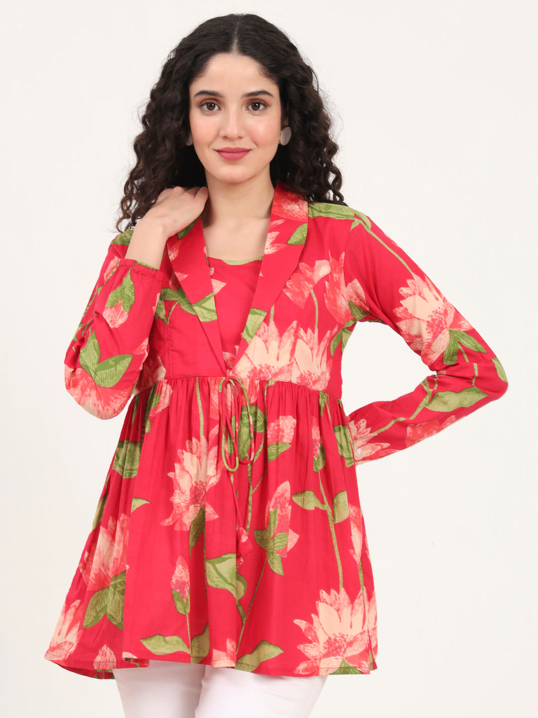Divena Green Floral Printed Cotton Lepal Neck Peplum Top