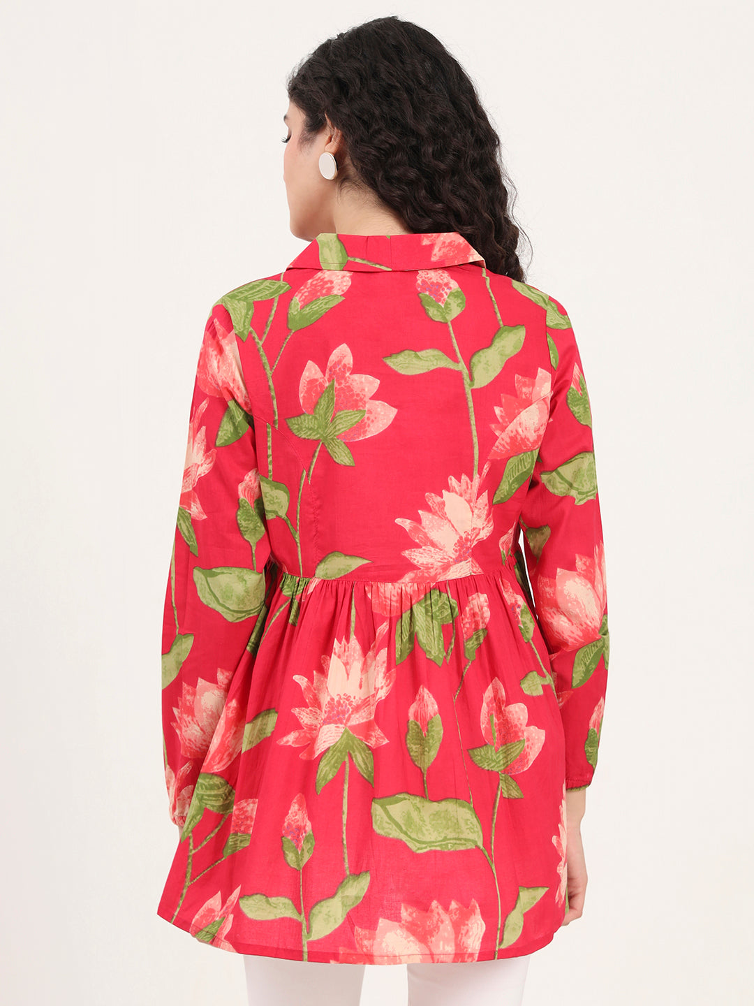 Divena Green Floral Printed Cotton Lepal Neck Peplum Top