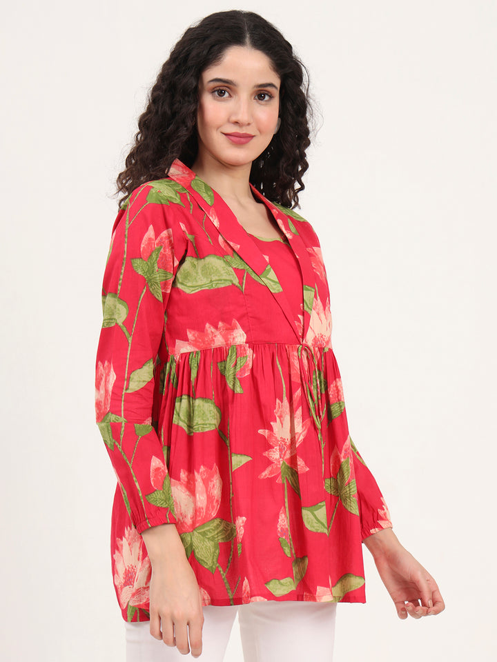 Divena Green Floral Printed Cotton Lepal Neck Peplum Top