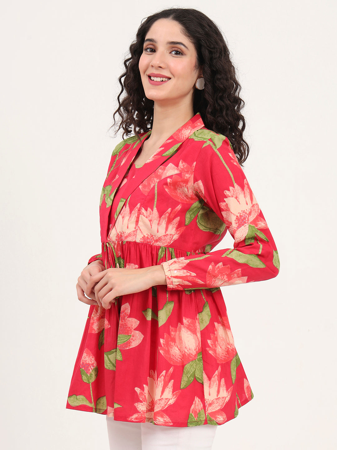 Divena Green Floral Printed Cotton Lepal Neck Peplum Top