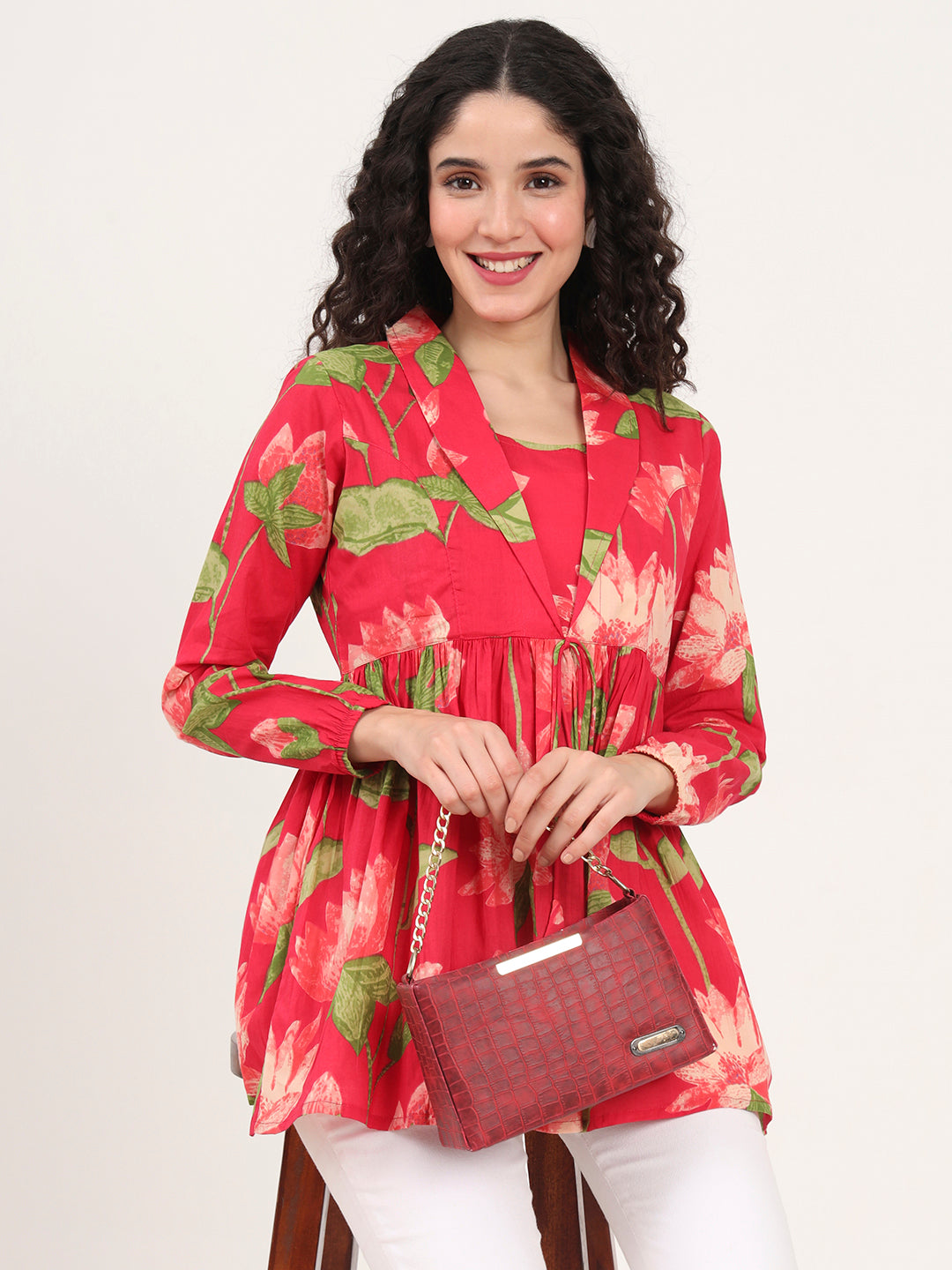 Green Floral Printed Cotton Lepal Neck Peplum Top — view 1