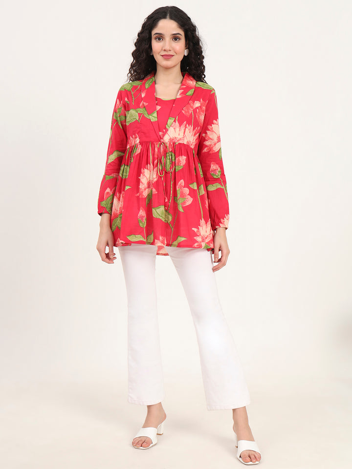Divena Green Floral Printed Cotton Lepal Neck Peplum Top