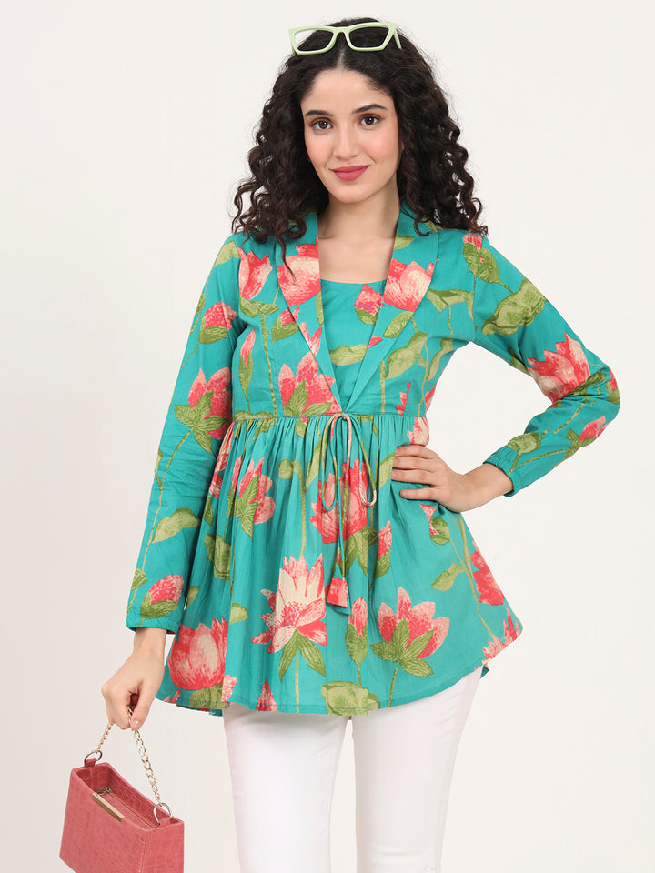 Divena Red Floral Printed Cotton Lepal Neck Peplum Top