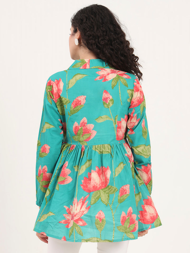 Divena Red Floral Printed Cotton Lepal Neck Peplum Top