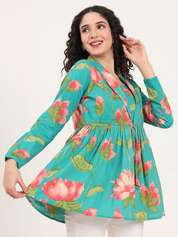 Divena Red Floral Printed Cotton Lepal Neck Peplum Top