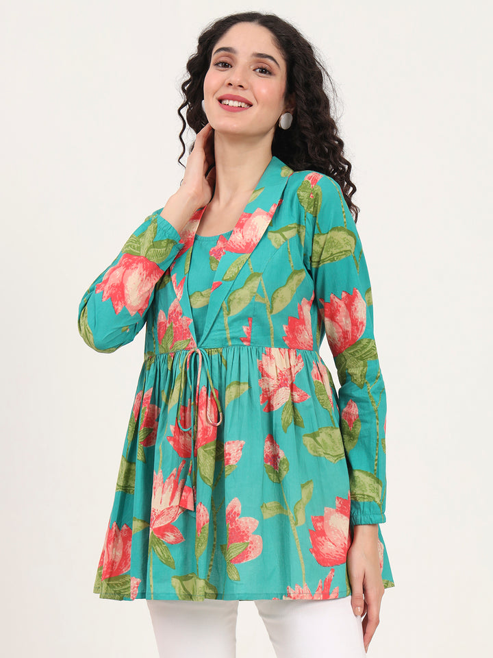 Divena Red Floral Printed Cotton Lepal Neck Peplum Top