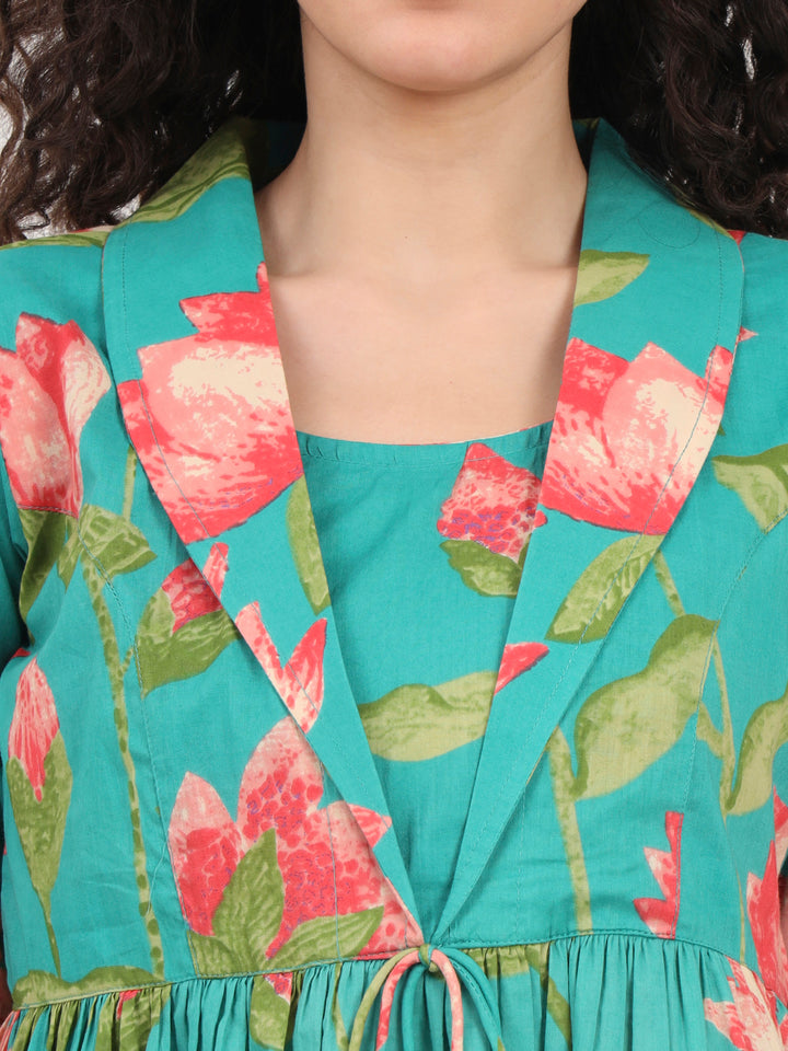 Divena Red Floral Printed Cotton Lepal Neck Peplum Top