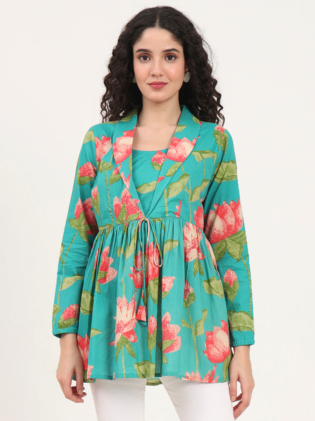 Divena Red Floral Printed Cotton Lepal Neck Peplum Top