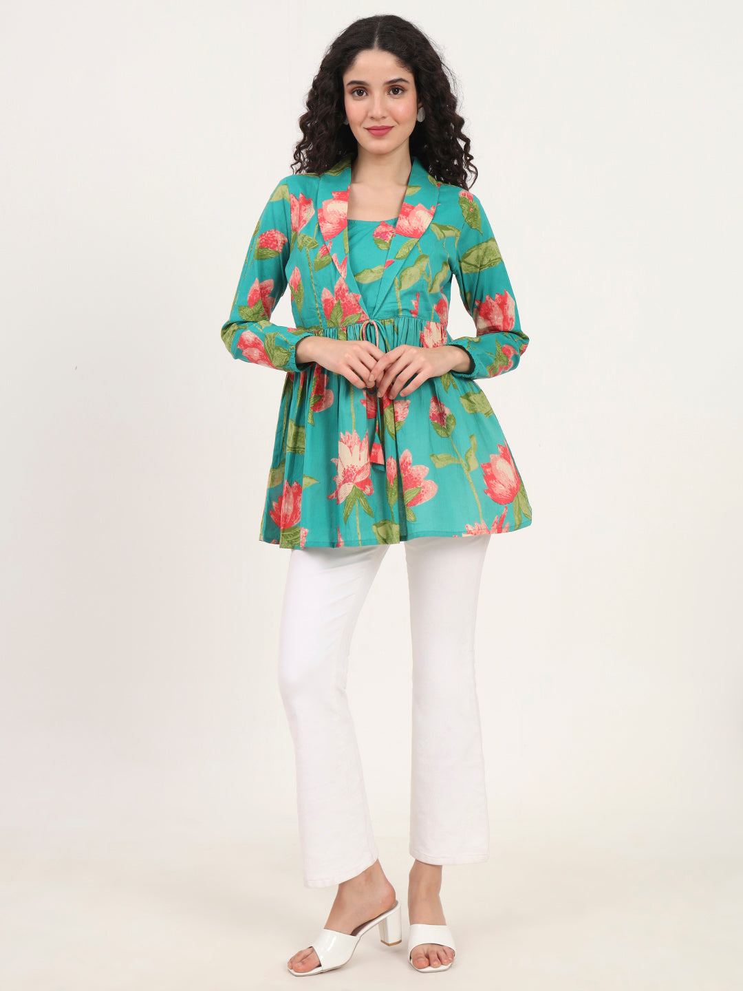 Divena Red Floral Printed Cotton Lepal Neck Peplum Top