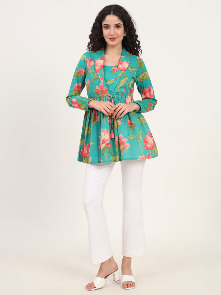 Divena Red Floral Printed Cotton Lepal Neck Peplum Top
