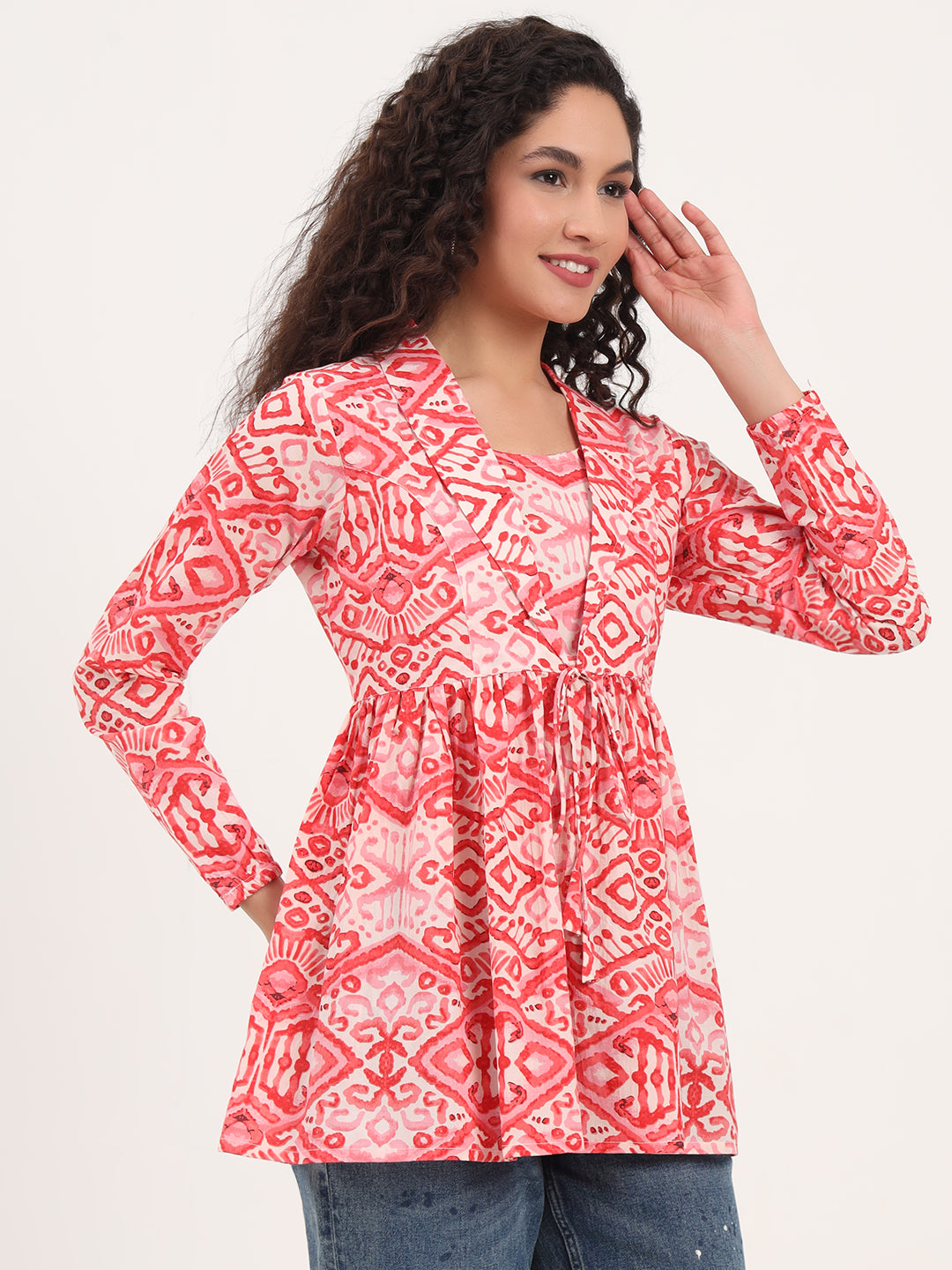 Divena Red Floral Print Cotton Fabric Lepal Coller Peplum Top