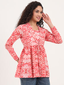 Divena Red Floral Print Cotton Fabric Lepal Coller Peplum Top