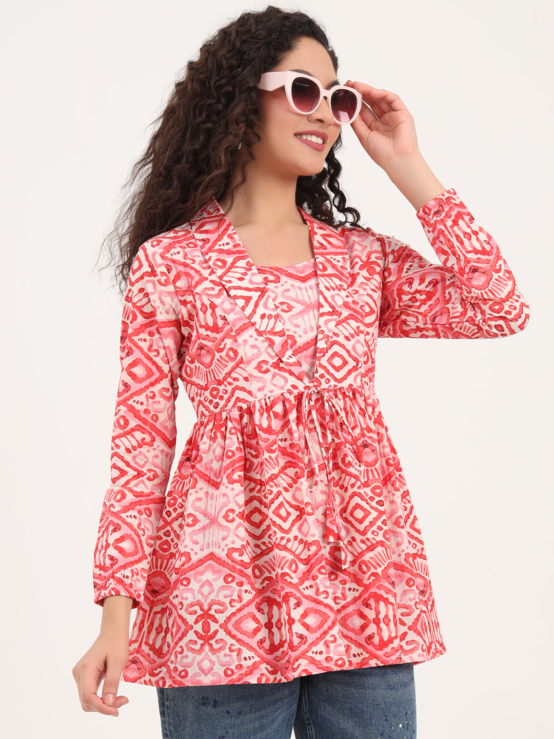 Red Floral Print Cotton Fabric Lepal Coller Peplum Top — view 1