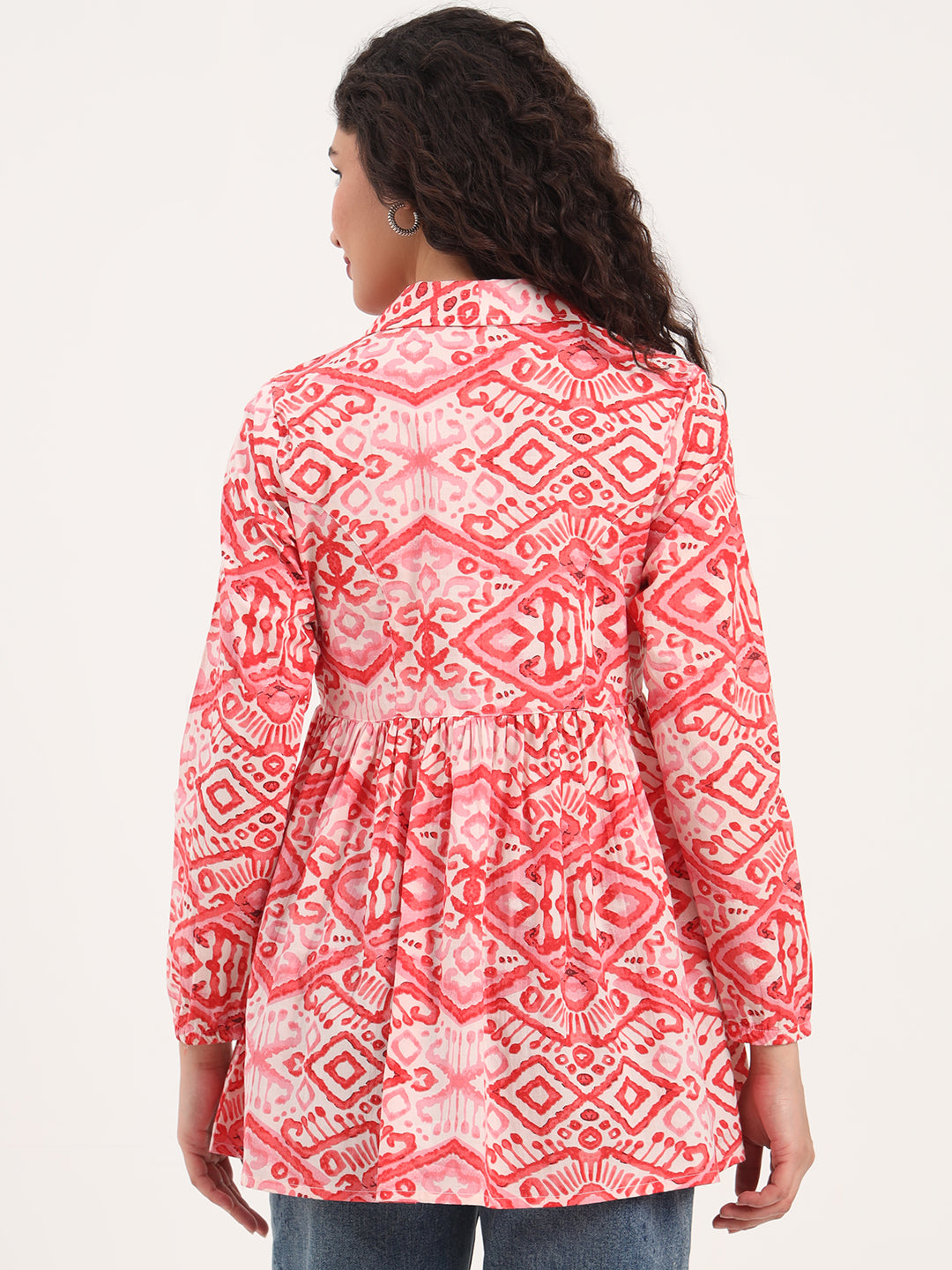 Divena Red Floral Print Cotton Fabric Lepal Coller Peplum Top