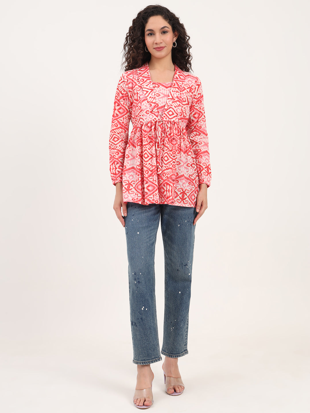 Divena Red Floral Print Cotton Fabric Lepal Coller Peplum Top