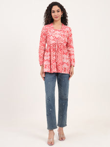 Divena Red Floral Print Cotton Fabric Lepal Coller Peplum Top