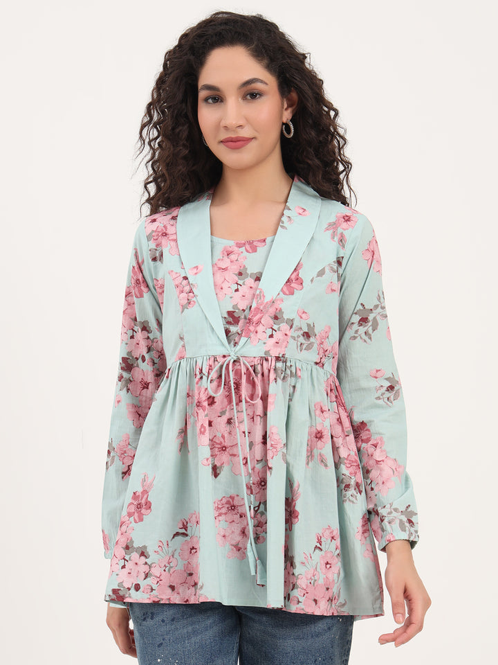 Divena Turquoise Floral Print Cotton Fabric Lepal Coller Peplum Top