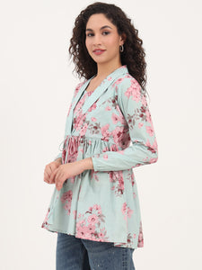 Divena Turquoise Floral Print Cotton Fabric Lepal Coller Peplum Top