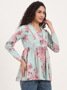 Divena Turquoise Floral Print Cotton Fabric Lepal Coller Peplum Top