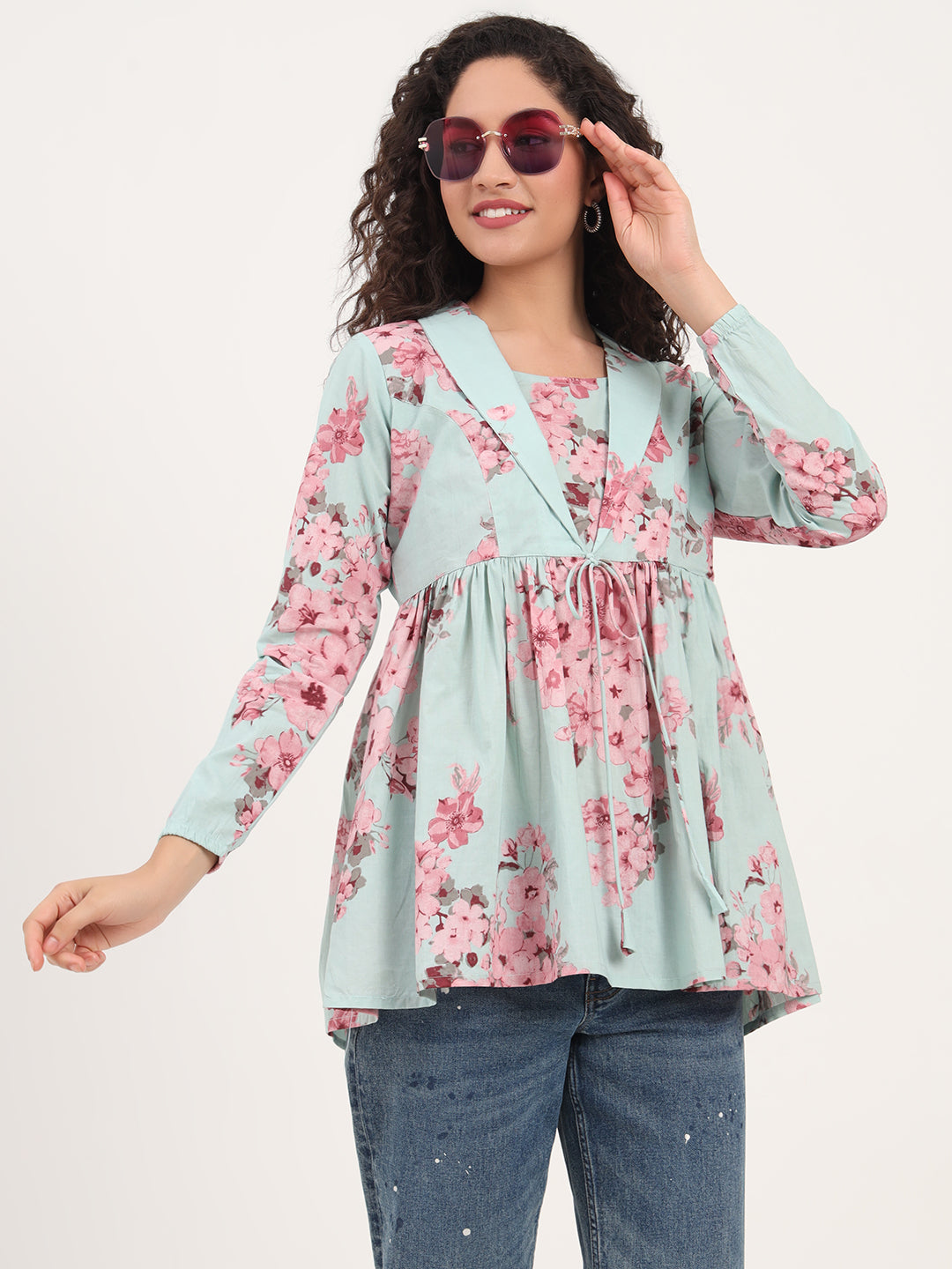 Turquoise Floral Print Cotton Fabric Lepal Coller Peplum Top — view 1