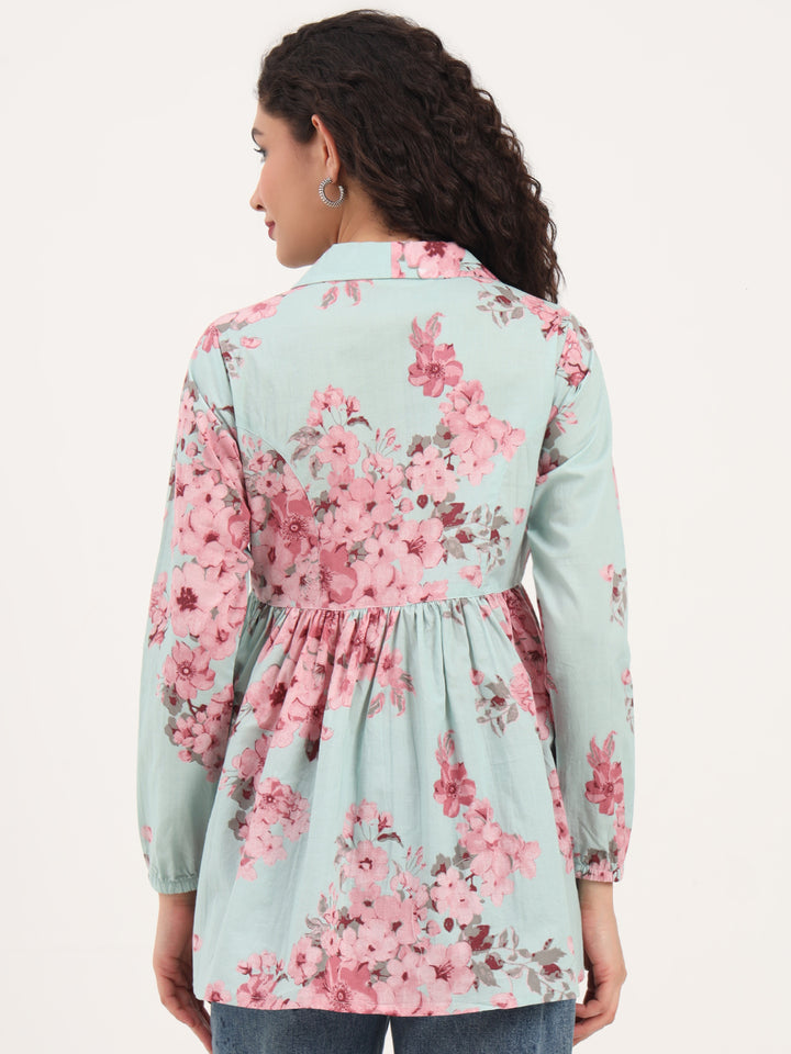Divena Turquoise Floral Print Cotton Fabric Lepal Coller Peplum Top