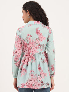 Divena Turquoise Floral Print Cotton Fabric Lepal Coller Peplum Top