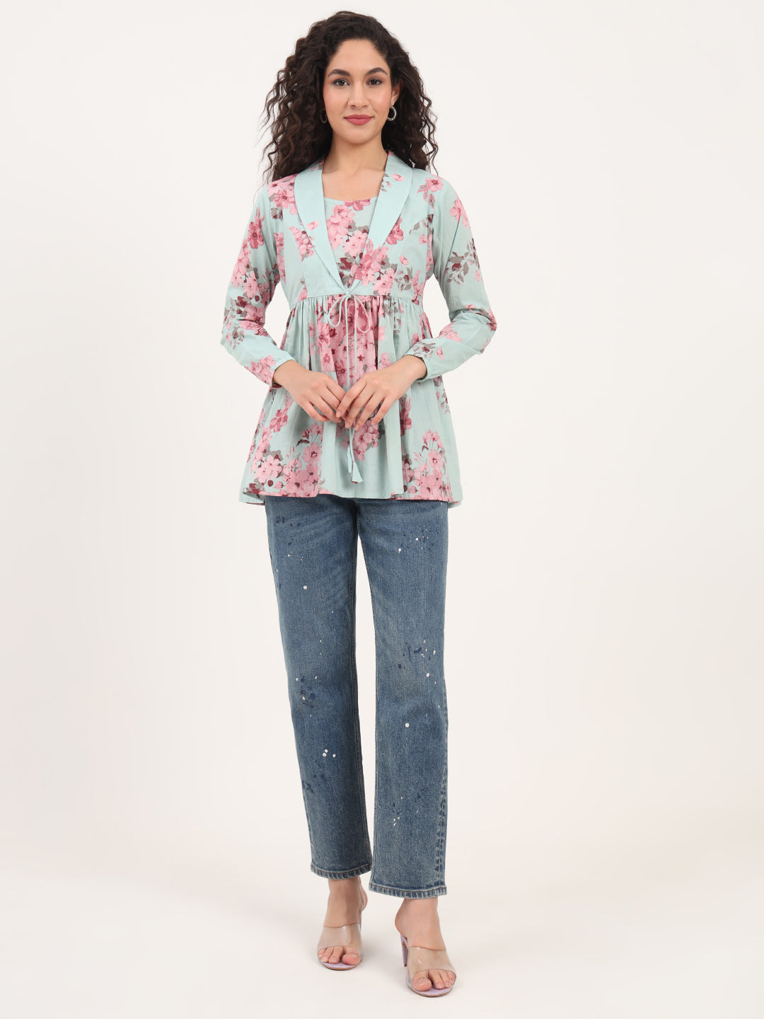 Divena Turquoise Floral Print Cotton Fabric Lepal Coller Peplum Top