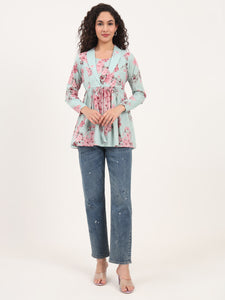 Divena Turquoise Floral Print Cotton Fabric Lepal Coller Peplum Top