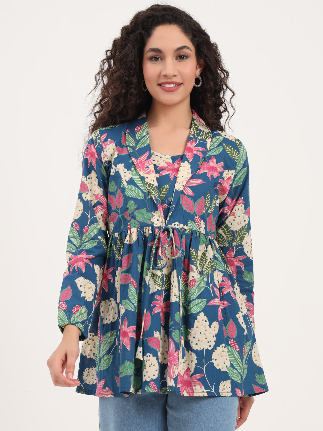 Divena Blue Floral Print Cotton Fabric Lepal Coller Peplum Top