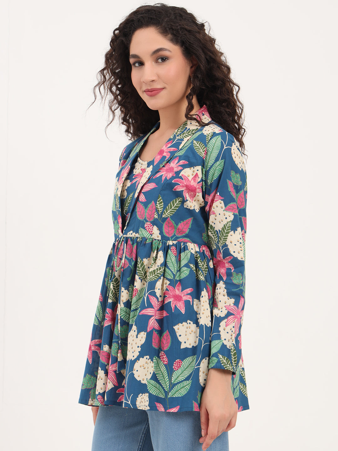 Divena Blue Floral Print Cotton Fabric Lepal Coller Peplum Top