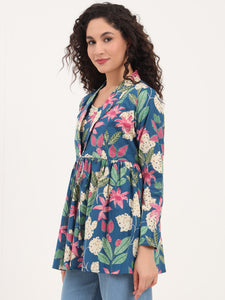 Divena Blue Floral Print Cotton Fabric Lepal Coller Peplum Top