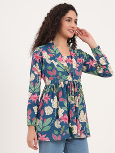 Divena Blue Floral Print Cotton Fabric Lepal Coller Peplum Top