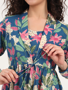 Divena Blue Floral Print Cotton Fabric Lepal Coller Peplum Top