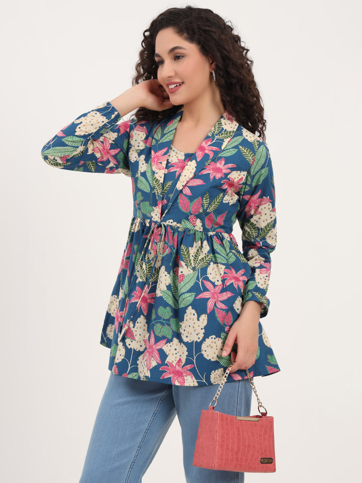 Divena Blue Floral Print Cotton Fabric Lepal Coller Peplum Top