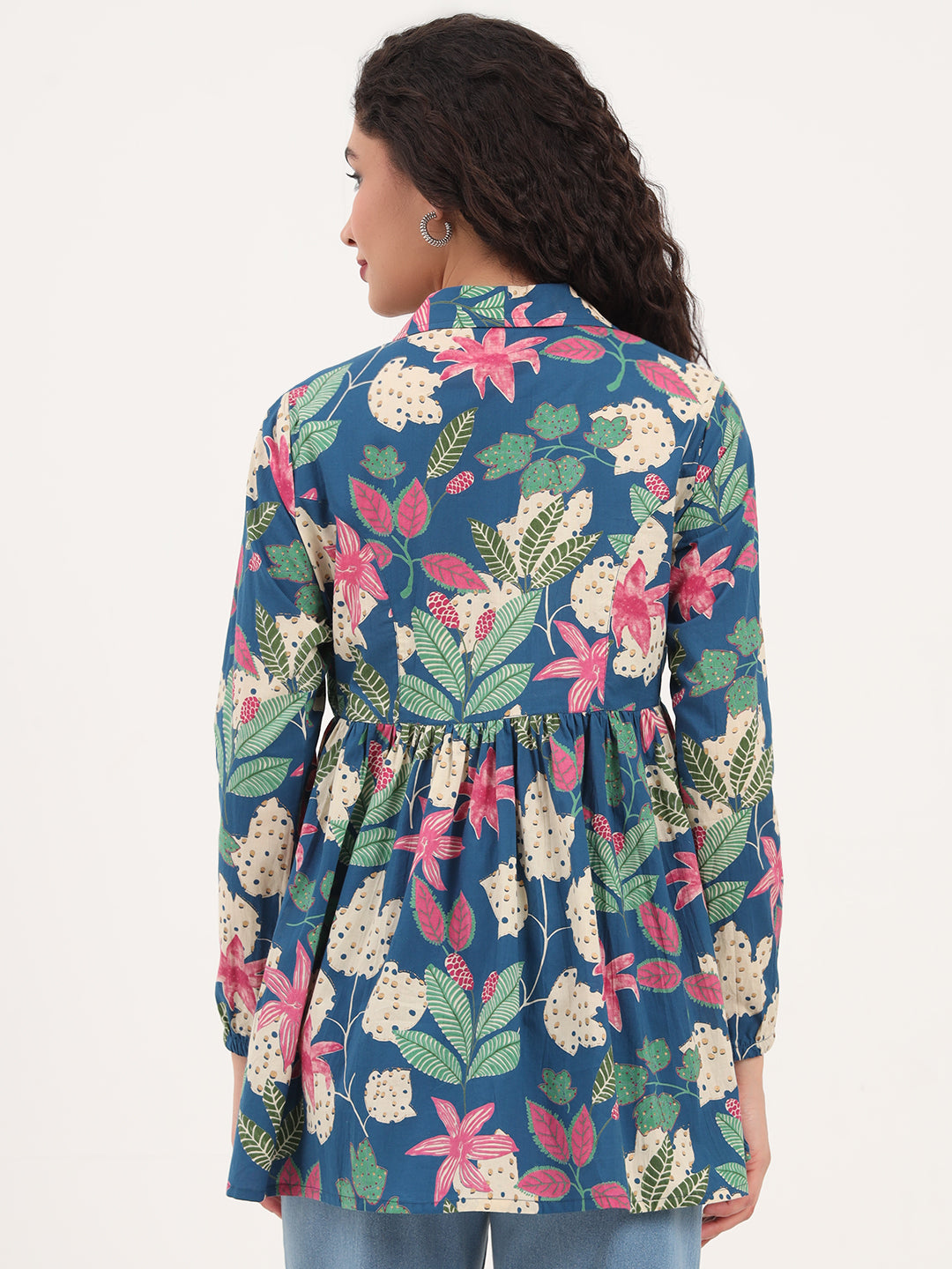 Divena Blue Floral Print Cotton Fabric Lepal Coller Peplum Top